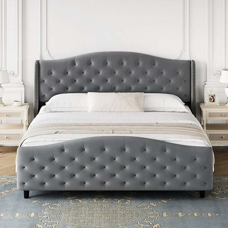 Tufted Upholstered Platform Queen Bed Frame with Headboard and Footboard Velvet Platform Bed Raised Wing Back Headboard Grey King