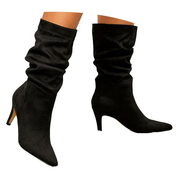 IUJSOY Mid Calf Boots for Women Slouchy Low Kitten Heel Pointed Toe Booties Pull on Fall Boots