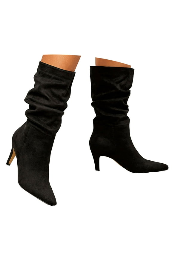 Women's Mid Calf Boots Suede Kitten Heel Slouch Ankle Booties Pointed Toe Pull on Long Boot