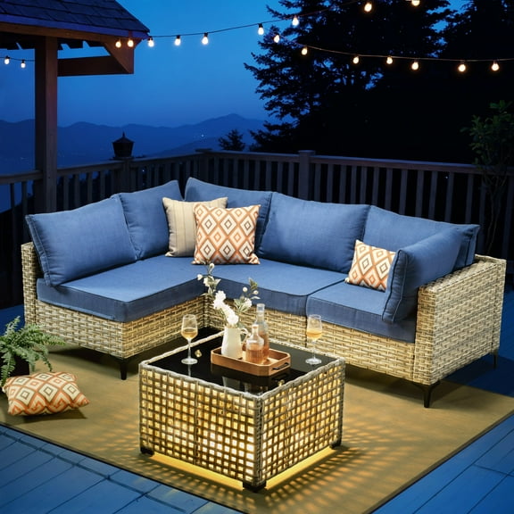 Ovios 5 Pieces Outdoor Patio Furniture Wicker Conversation Sectional with High-Back & Solar Lamps Coffee Table for Backyard