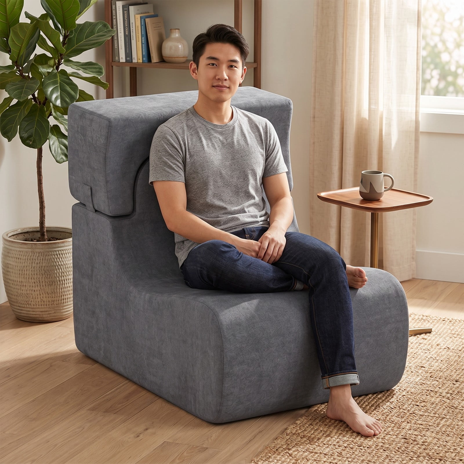 Furnibear Floor Chair Lazy Sofa with Detachable Headrest, Adjustable Padded Floor Gaming Sofa Chair, Foldable Ice Velvet Meditation Reading Seat for Living Room, Gray