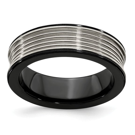 Edward Mirell Black Titanium & Titanium Polished Grooved Concave Ring Size: 10; for Adults and Teens; for Women and Men