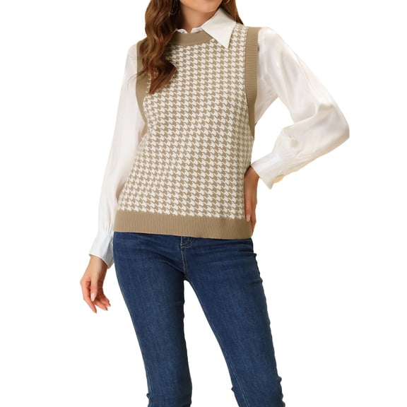INSPIRE CHIC Women's Sweater Round Neck Sleeveless Houndstooth Plaid Knitted Sweater Khaki XS