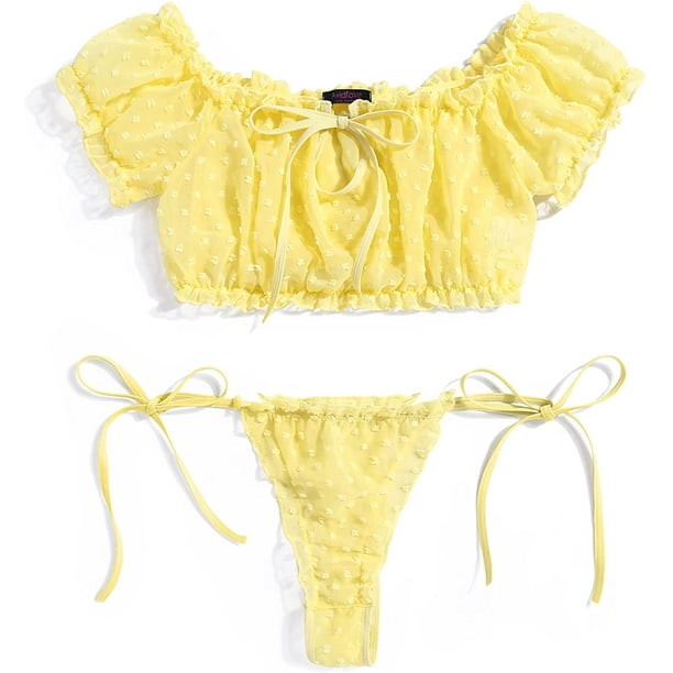 F7043 VEEKI Bra and Panty Set Ruffle Lingerie Set Mesh Babydoll