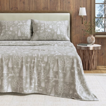 Great Bay Home Lodge Flannel Sheet Set - 100% Turkish Cotton - Double Brushed (Queen, Enchanted Woods - Grey)