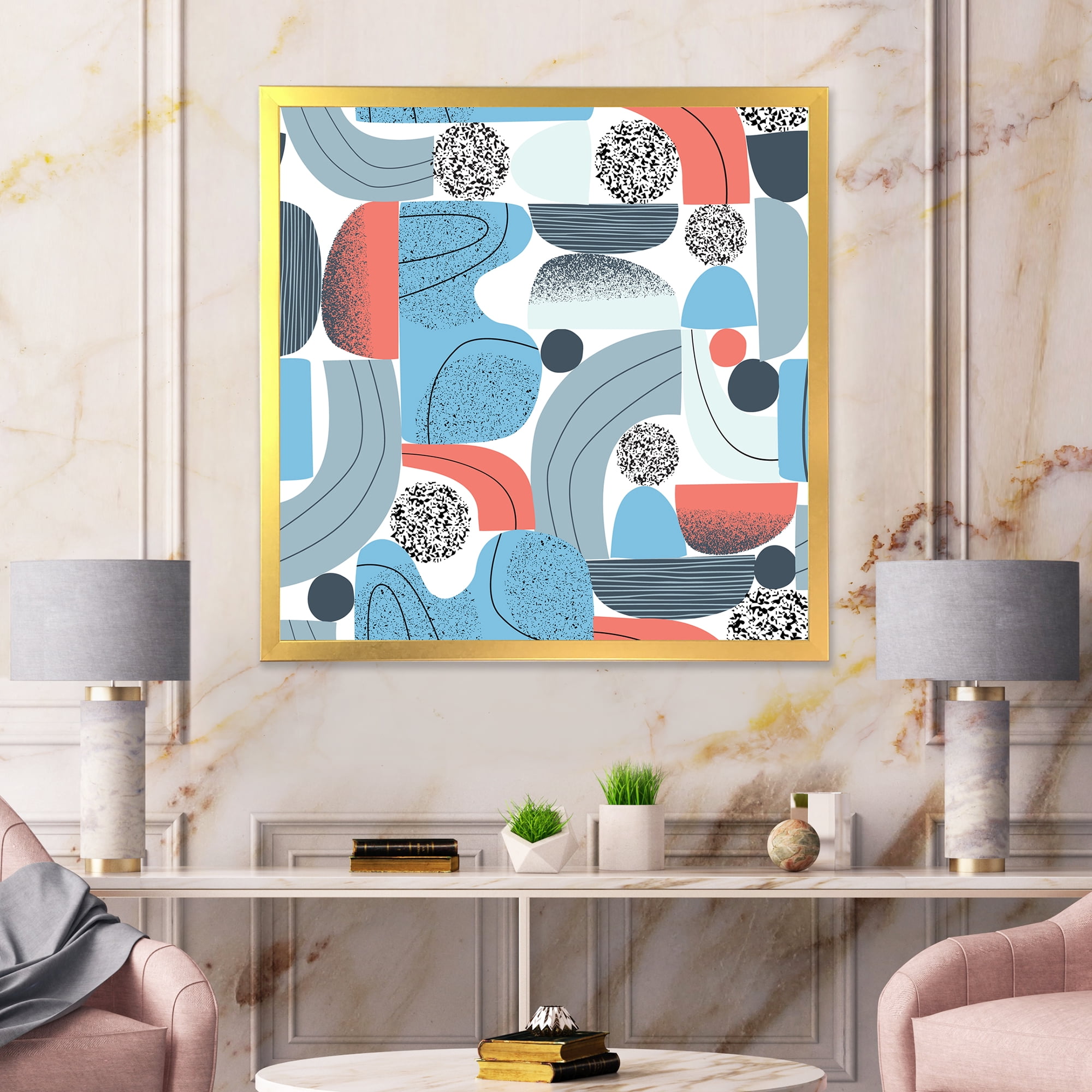 Designart 'Retro Shapes With Abstract Moons and Suns II' Modern Framed Art Print