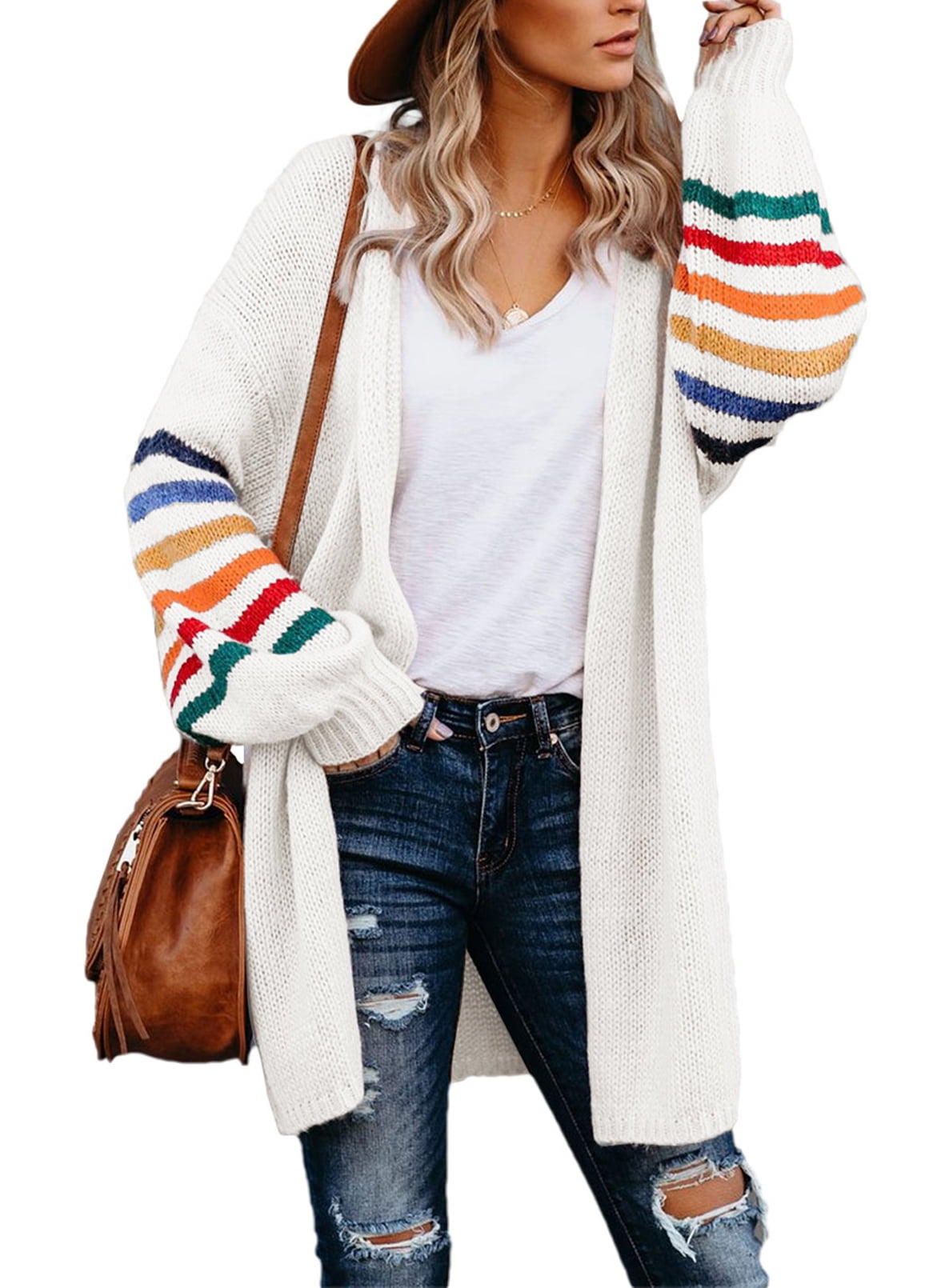 Womens Color Block Cardigans Oversized Striped Batwing Sleeve Open Front Knitted Sweater Outwear with Pockets