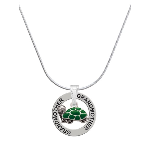 Delight Jewelry Silvertone Green Side Turtle Silvertone Grandmother Ring Charm Necklace, 18"