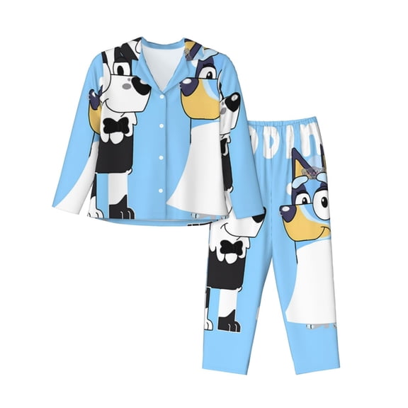 Saiise Bluey Print Women Soft Pajama Sets,Long Sleeve Sleepwear Button Up 2-Piece Pjs Lounge Sets-Small