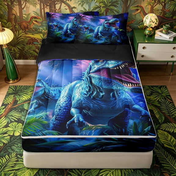 Metsweet Abstrcat T-Rex Zipper Twin Comforter Sets with Fitted Sheet and 2 Pillowcases for Teens, Jungle Tropical Leaves Zipper Bedding Set, Blue Green Purple,4-Piece,Black Reversible