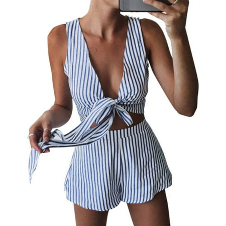 Women Striped Playsuit Jumpsuit Sleeveless Ladies Crop Tops Shorts Outfits Holiday Set