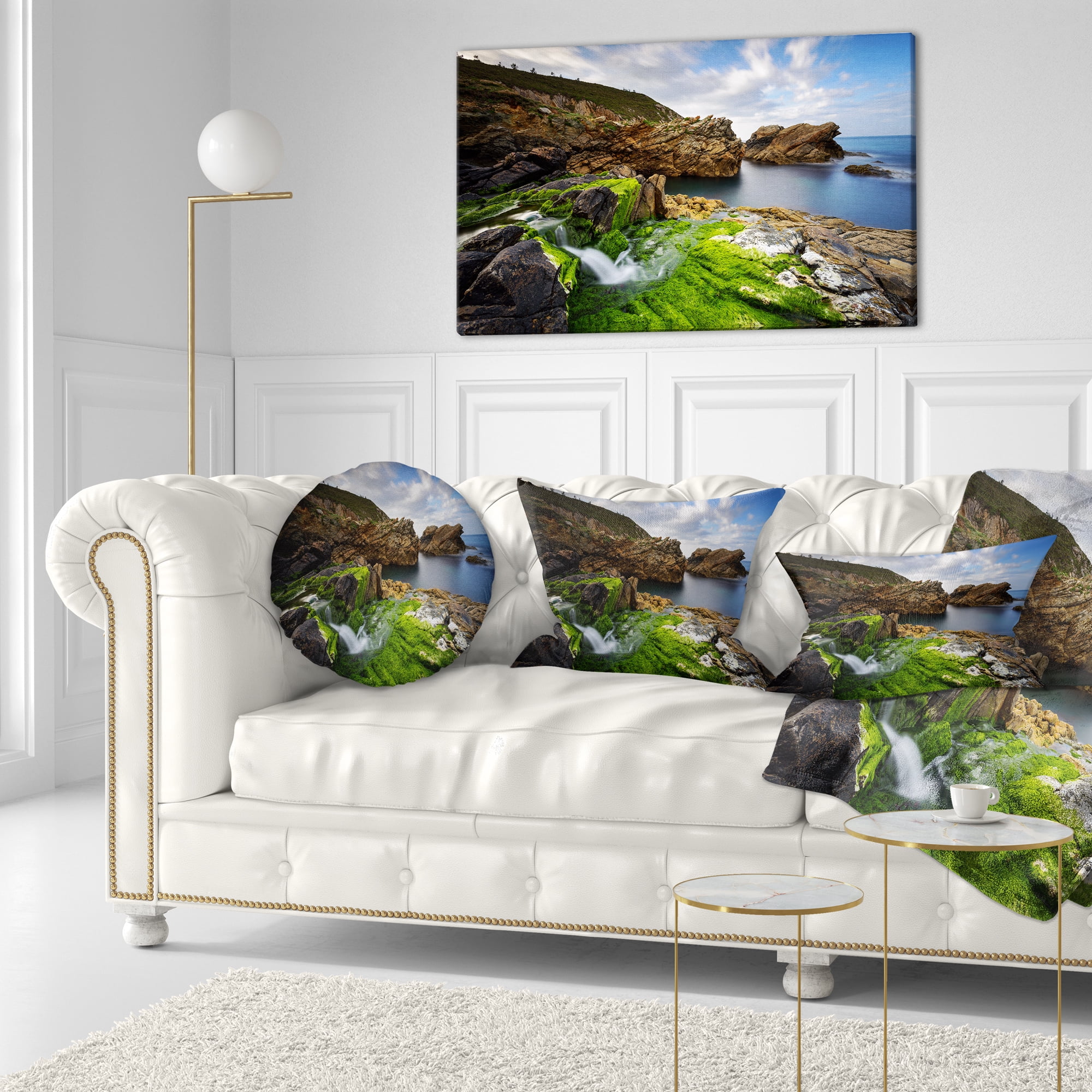 Designart Rocks and Waterfall in Spanish Coast - Seashore Photo Throw Pillow - 12x20