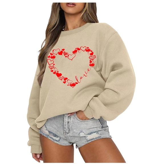 Guluxicc Womens Sweatshirts Valentine's Day Letter Graphic Print Tops Casual Crewneck Long Sleeve Pullover Shirts, Brown, M