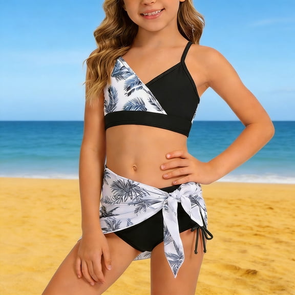 YMNXA Big Kids Girls 2 Piece Swimsuits Sleeveless Flower Print Top And Bottoms Bikinis Sets Comfortable Fashion Swimwear For Holiday Vacation Beach Black 11-12 Years