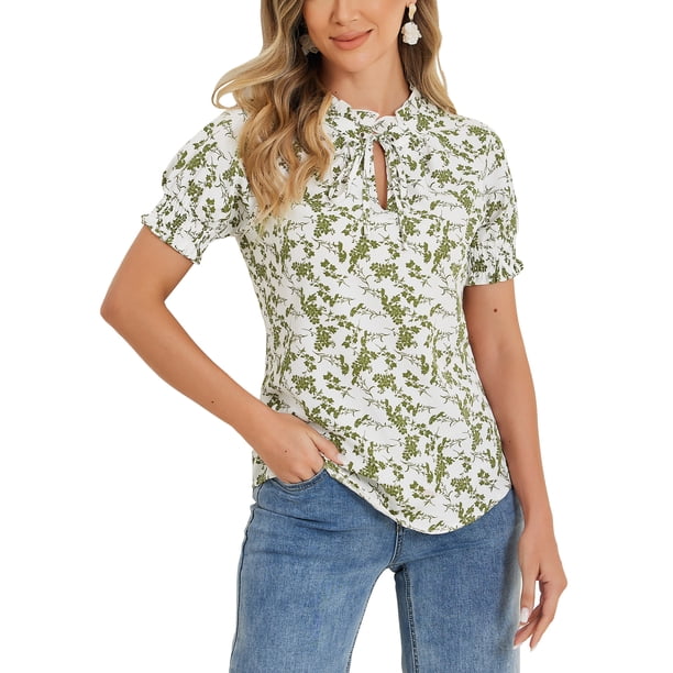 Blusa floral verde de manga corta con cuello atado y volantes para mujer Inspire Chic talla S