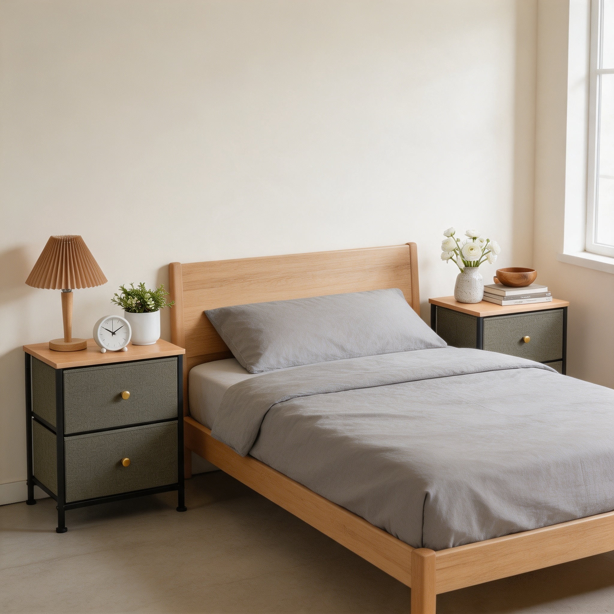 Double Drawer Bedside Table for Bedroom Living Room Storage
