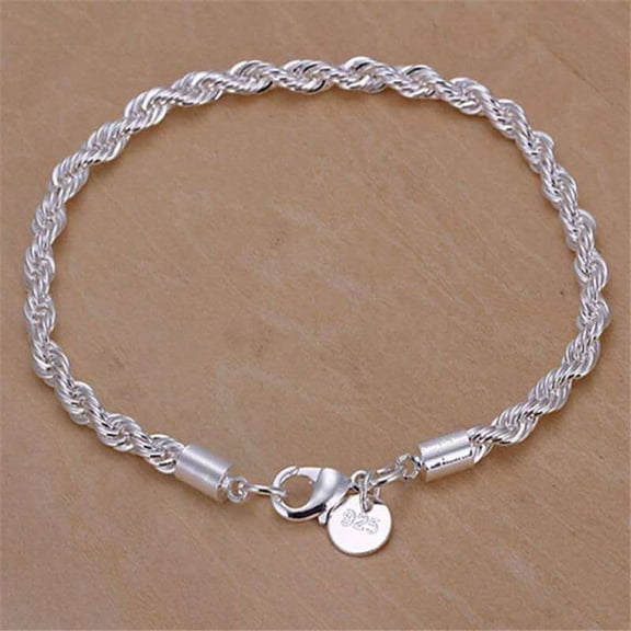 Twisted Rope Bracelet for Women, 4mm Thick Silver Plated Alloy, 20CM Length, Fashion Jewelry