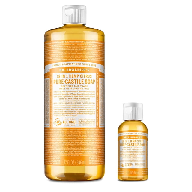 Jabón líquido de castilla pura del Dr. Bronner - Paquete de eucalipto. 32 onzas Botella y 2 oz. Botella de viaje