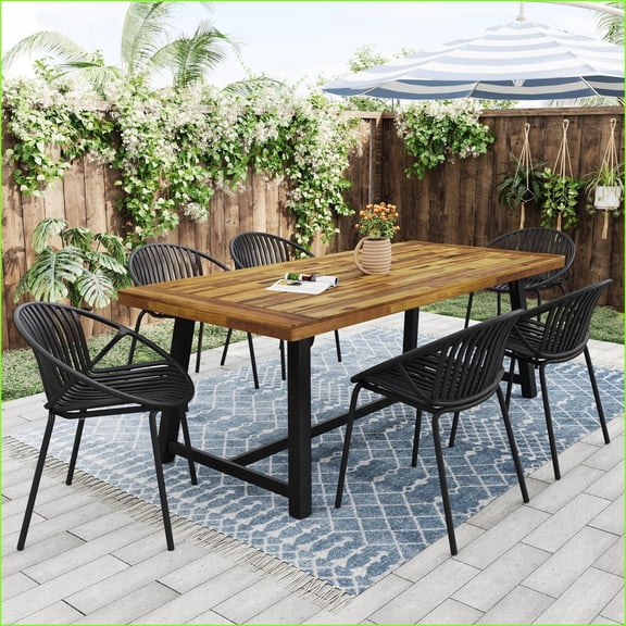 Patio Dining Set 7-Piece Modern Outdoor with Stackable Chairs Black Teak | Acacia Wood, Metal