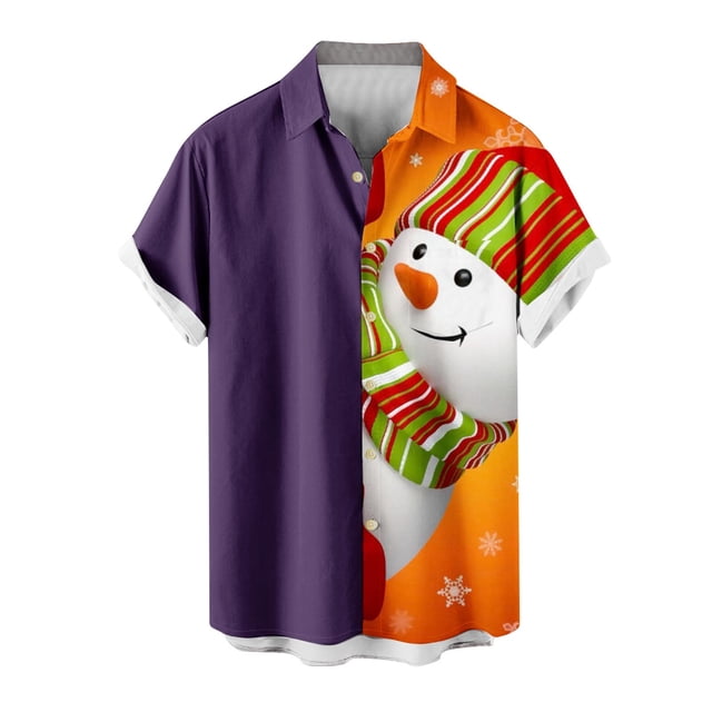 Mens Manga Corta Botón Abajo Camisas, Navidad Impreso Turndown Cuello Blusa, Top de Moda Casual