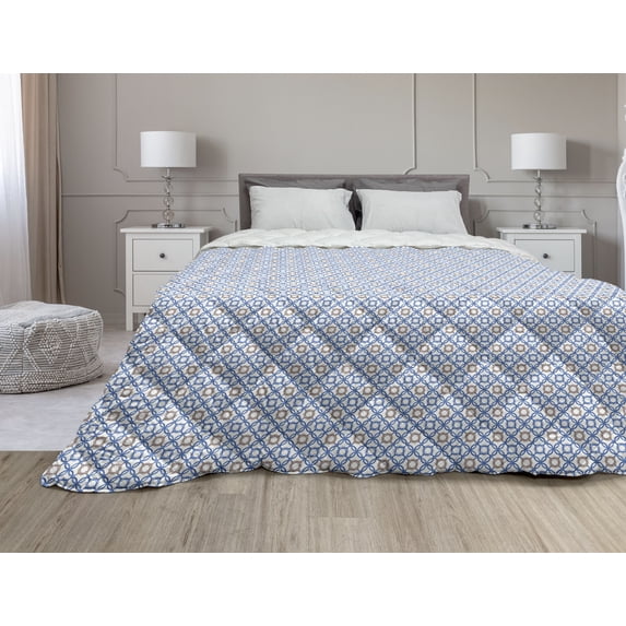 Quatrefoil Down Alternative Comforter, Tangled Modern Lisbon Pattern Based on Traditional Oriental Tiles, Microfiber Quilt for All Season, 5 Sizes, Blue Tan White, by Ambesonne