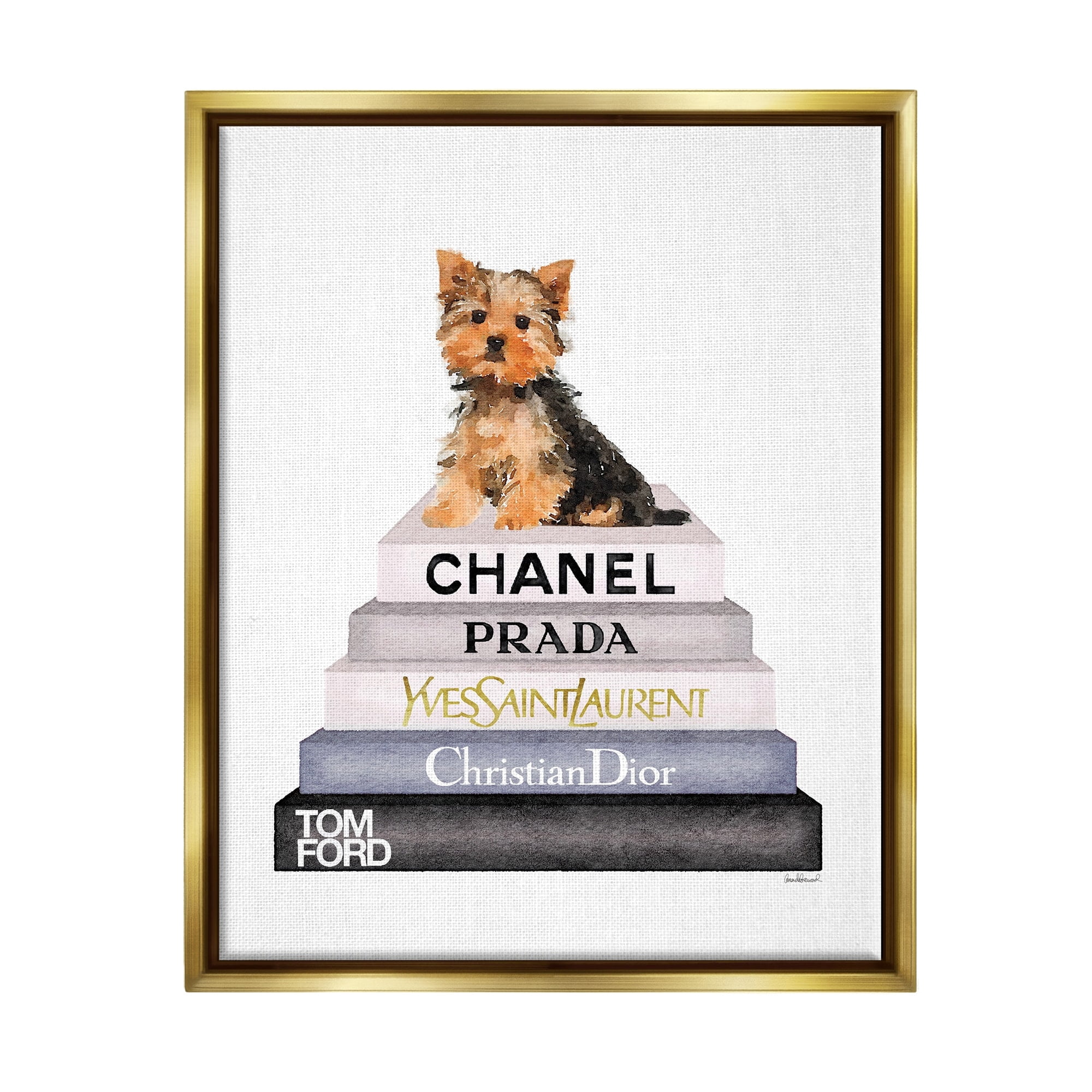Stupell Industries Book Stack Yorkie Dog Glam Fashion Watercolor Metallic Gold Framed Floating Canvas Wall Art, 16x20, by Amanda Greenwood