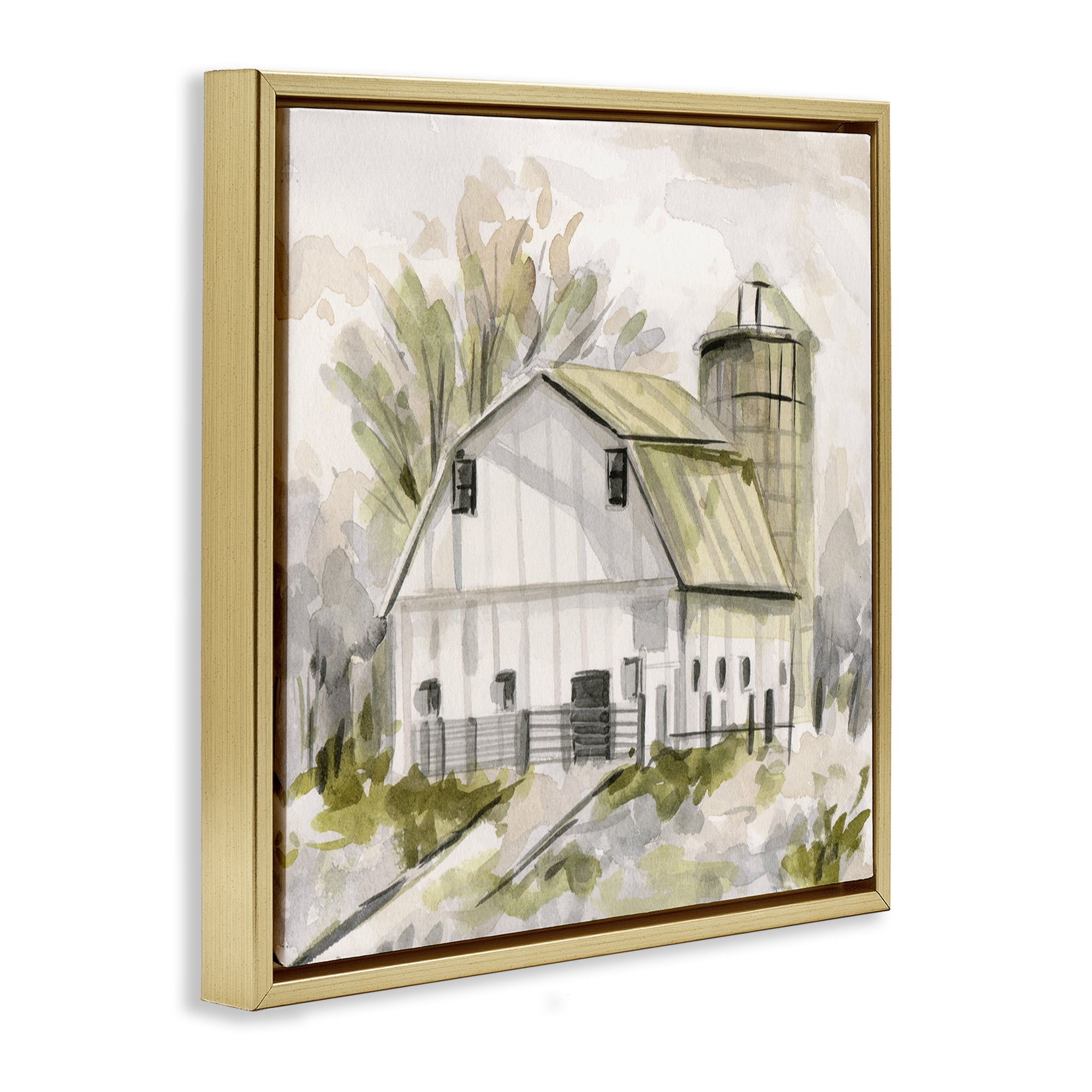Stupell Industries Neutral Farmhouse Barn Scenery Painting Gold Floater Framed Canvas Art Print Wall Art, 25 x 25