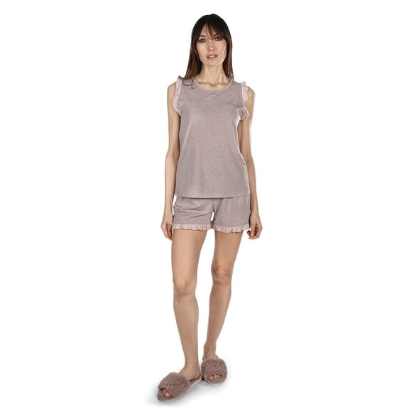 MeMoi Women's Contrast Ruffle Trim Modal Top and Shorts Set - Womens - Female, XS, Taupe Heather