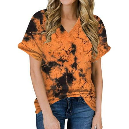

Hfyihgf Womens Summer V Neck Tshirt Tops Casual Trendy Loose Fit Tunic Tees Ladies Sexy Rolled Short Sleeve Tie Dye Blouses Shirt(01#Orange XL)