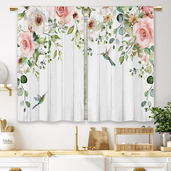 Farmhouse Pink Flower Kitchen Curtains Botanical Leaves Rose Small Short Cafe Window Curtains Floral Hummingbird Wooden Barn Bathroom Drapes Treatment Tier Curtains 2 Panels (27.5x36 Inch)