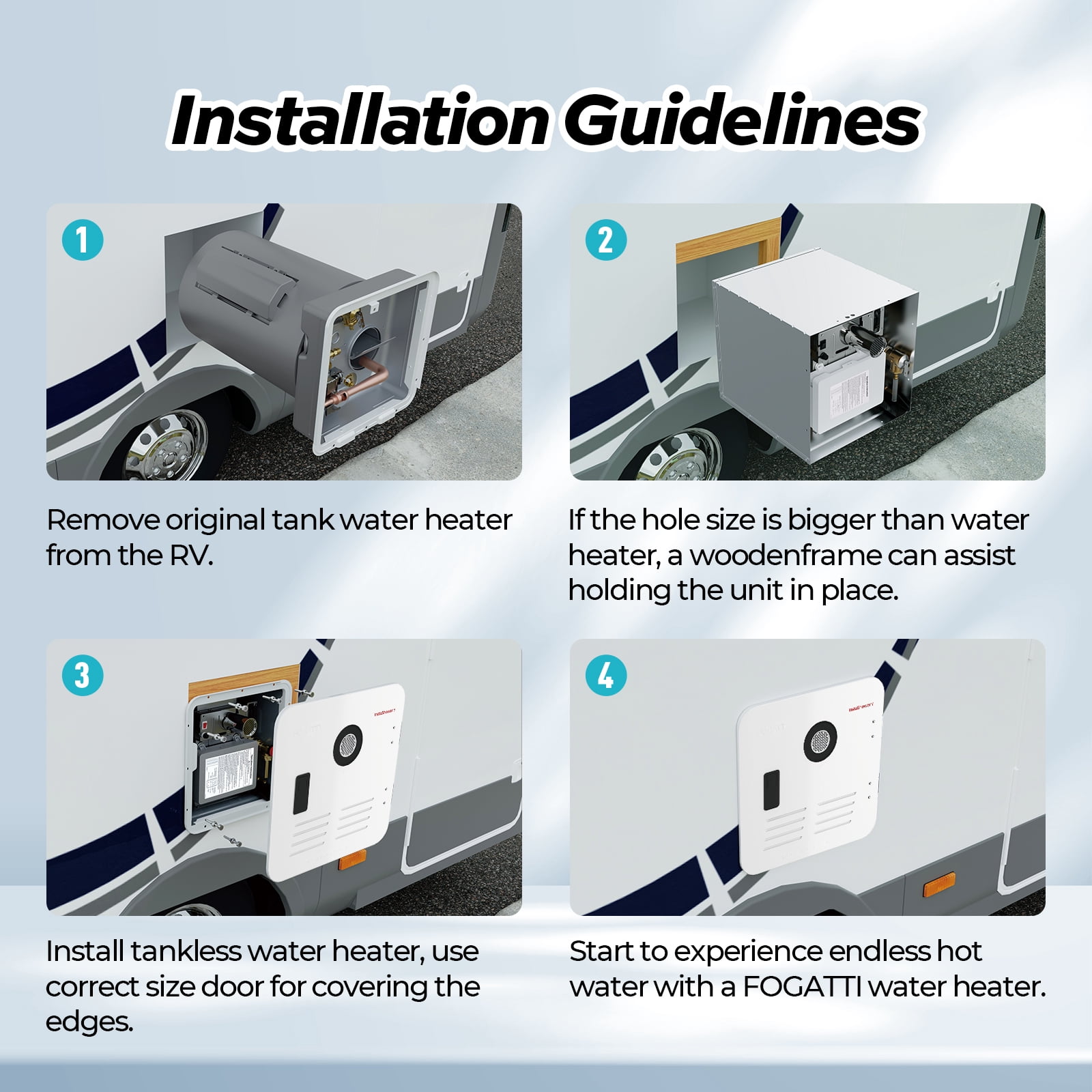 Restored Fogatti RV Tankless Water Heater InstaShower 7, 48,000 BTU, DC 12V, Door Kit Not Included (Refurbished)