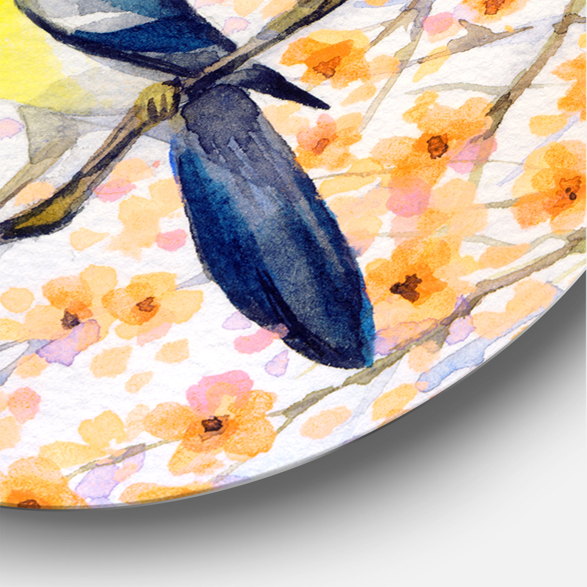 Designart 'Beautiful Blue Bird Sitting On Flowering Branch II' Traditional Circle Metal Wall Art 11x11 - Disc of 11