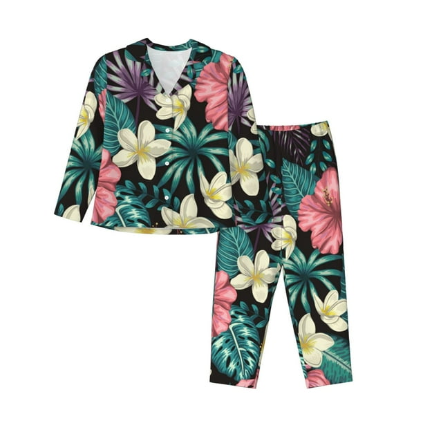 Balery Green Tropical Leaves Conjunto de Pijama con Estampado para Mujer, Conjunto de Dos Piezas con Manga Larga, Ropa de Dormir Suave con Bolsillos, Pijamas Cómodos-Large