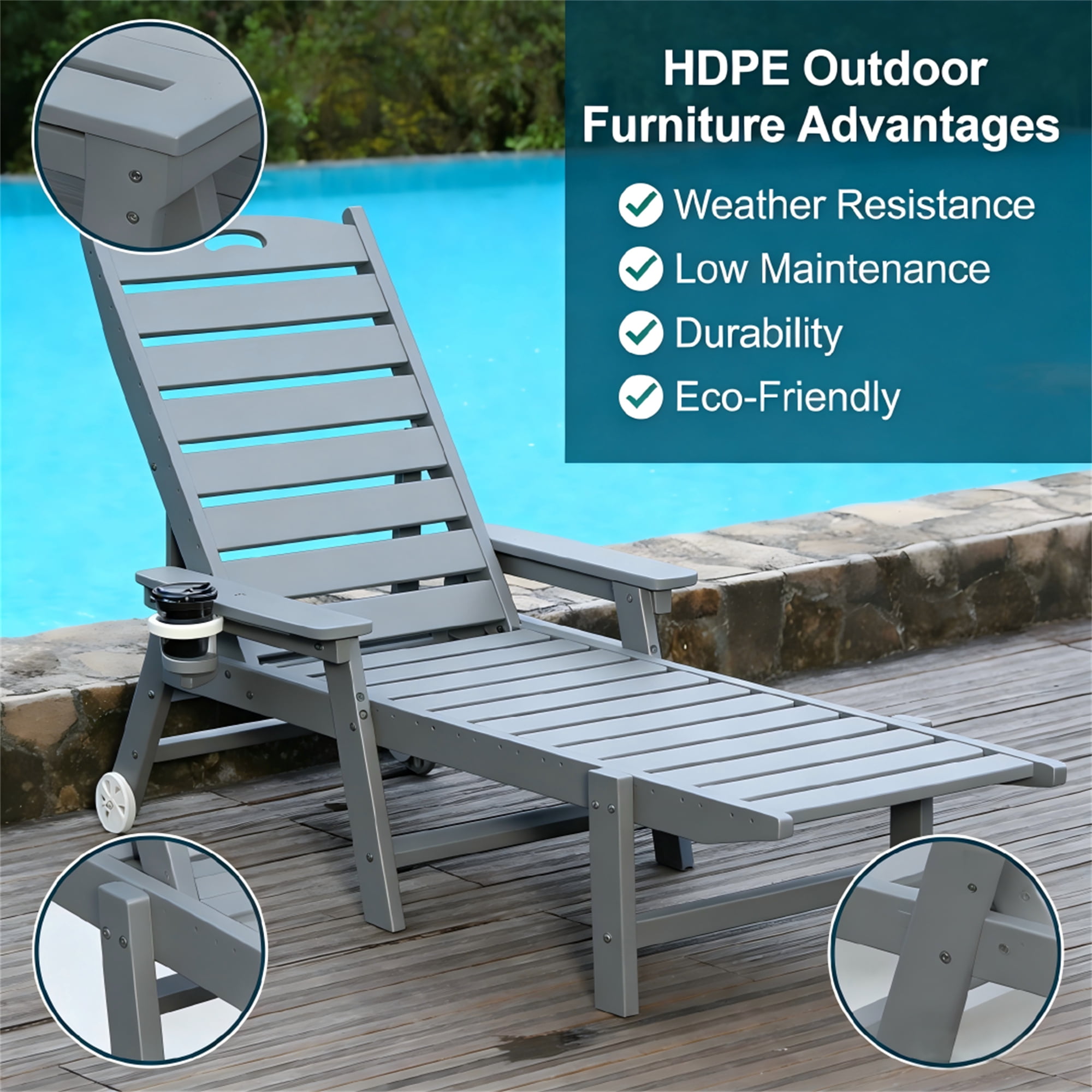 Aukfa HDPE Outdoor Patio Chaise Lounge Chair w/ Cup Holder&Wheels, 360 LBS Capacity, Gray