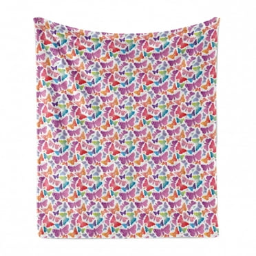 Colorful Soft Flannel Fleece Throw Blanket, Colorful Layout of Ornamental Flying Insects Delicate Animal Artwork, Cozy Plush for Indoor and Outdoor Use, 50" x 70", White and Multicolor, by Ambesonne