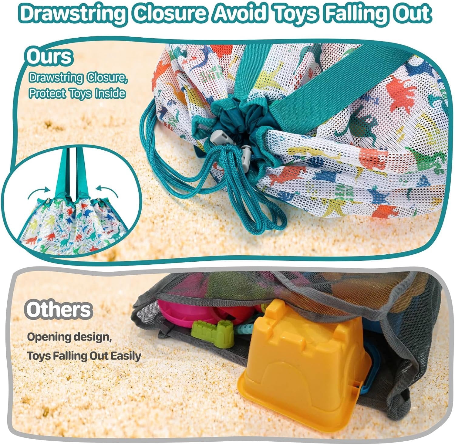 Beach  Bag with Drawstring - Lightweight Mesh Tote Bag for Sand Toys, Beach Swinmming Pool Essentials, Dino Green