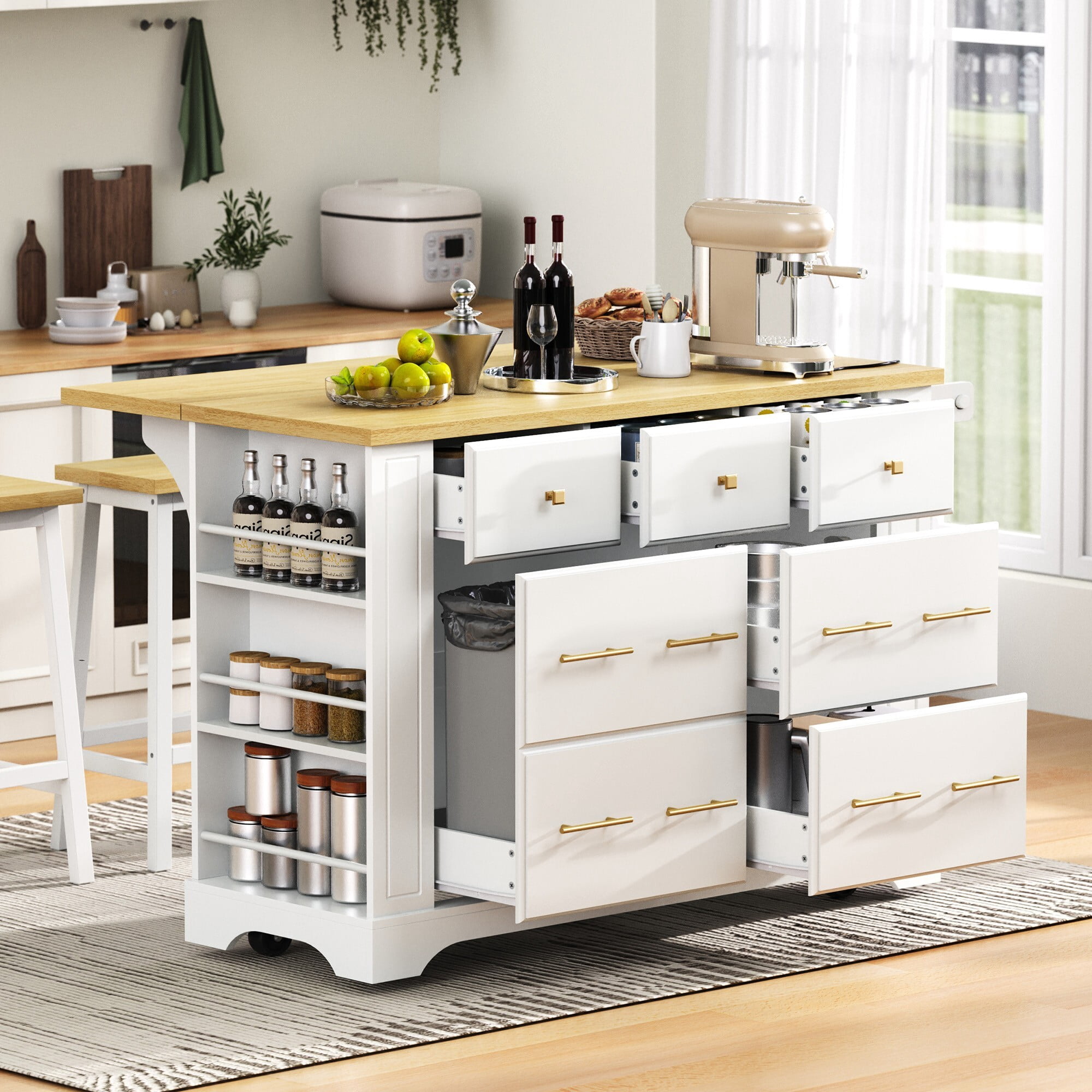 AENKYO 51.2'' Kitchen Island Cart with Charging Station, Drop Leaf, Hidden Trash Cabinet, 6 Drawers & Removable Wheels, White