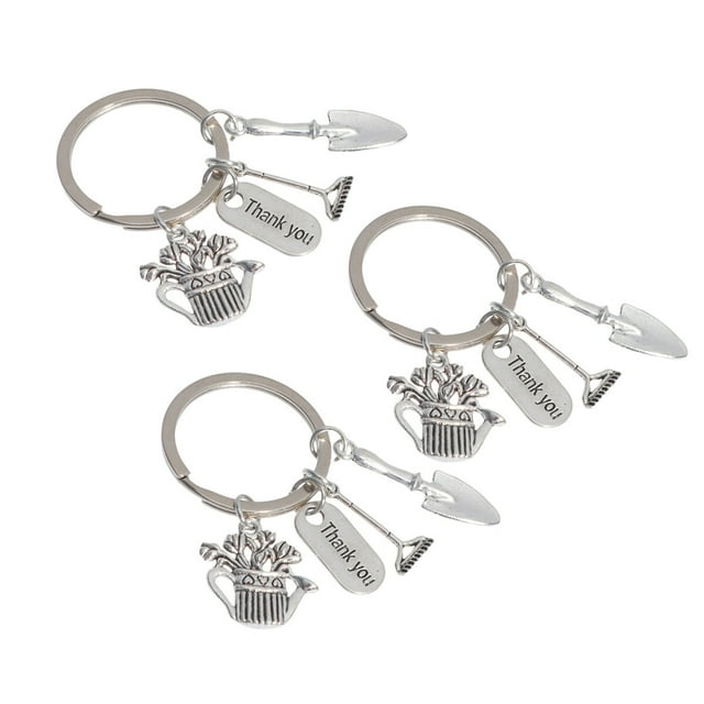 3PCS Mini Rake Shovel Kettle Keychains Creative THANK YOU Letter Printed Key Rings Metal Pendant Key Chain Creative DIY Keychain Craft Ornaments for Thanksgiving Day Decor Silver