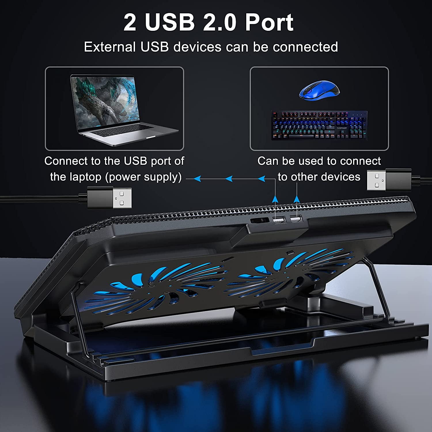 Laptop Cooling Pad with Adjustable Height Two 5.1 Inches Fan 2 USB Ports Suitable for 12"-15.6" Laptops（Black）