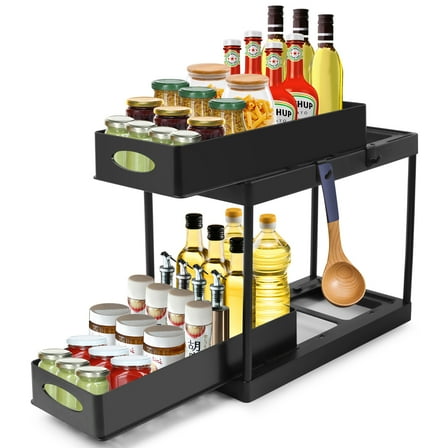 Pull Out Under Sink Cabinet Organizer, 2-Tier Sliding Storage Drawer Basket Organizer for Kitchen Bathroom with Hooks