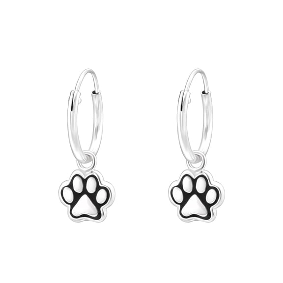 Hanging Dog Paw Print 925 Sterling Silver Hoop Earrings
