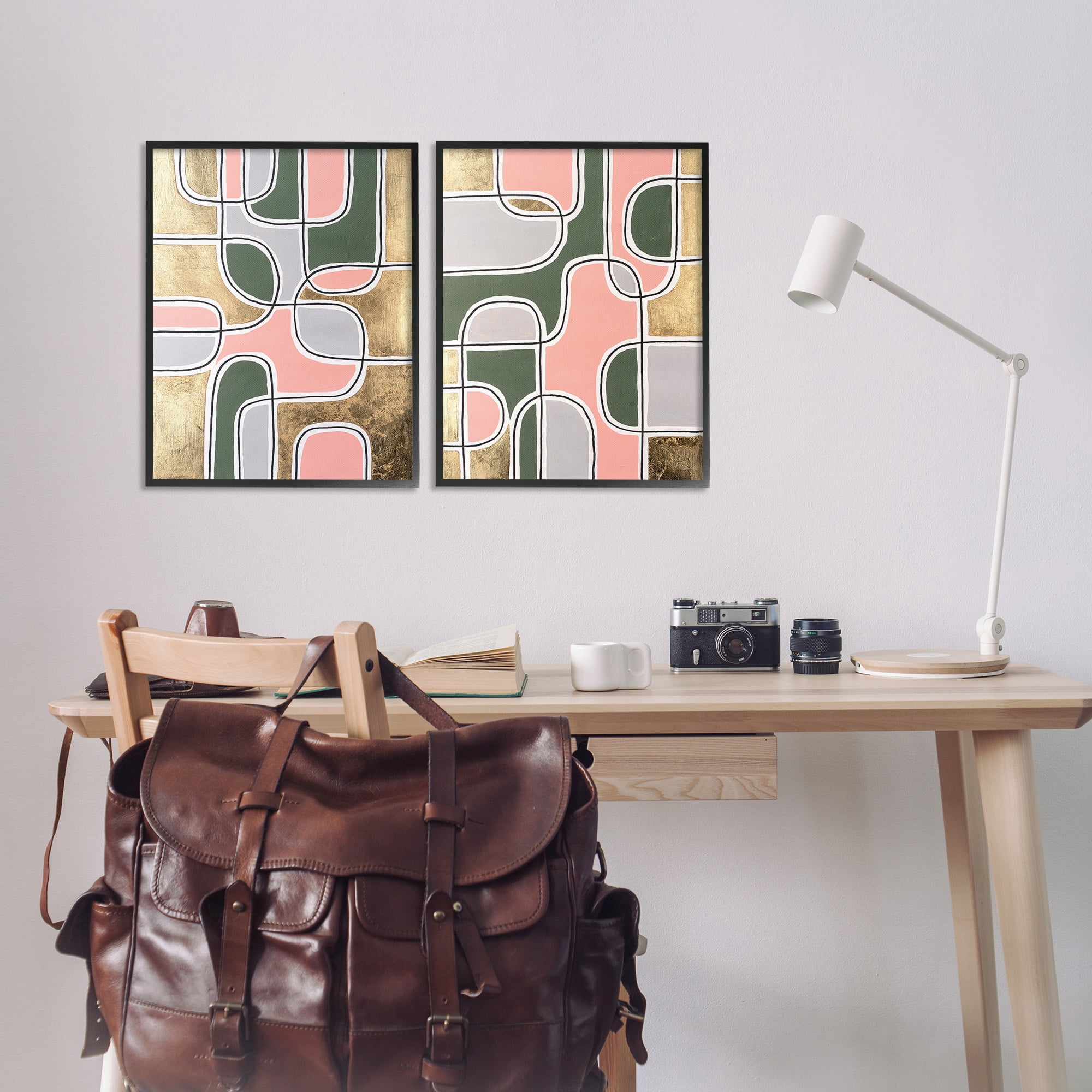 Stupell Industries Overlapping Shapes on Glam Abstract Painting Black Framed Art Print Wall Art, 16 x 20, Set of 2