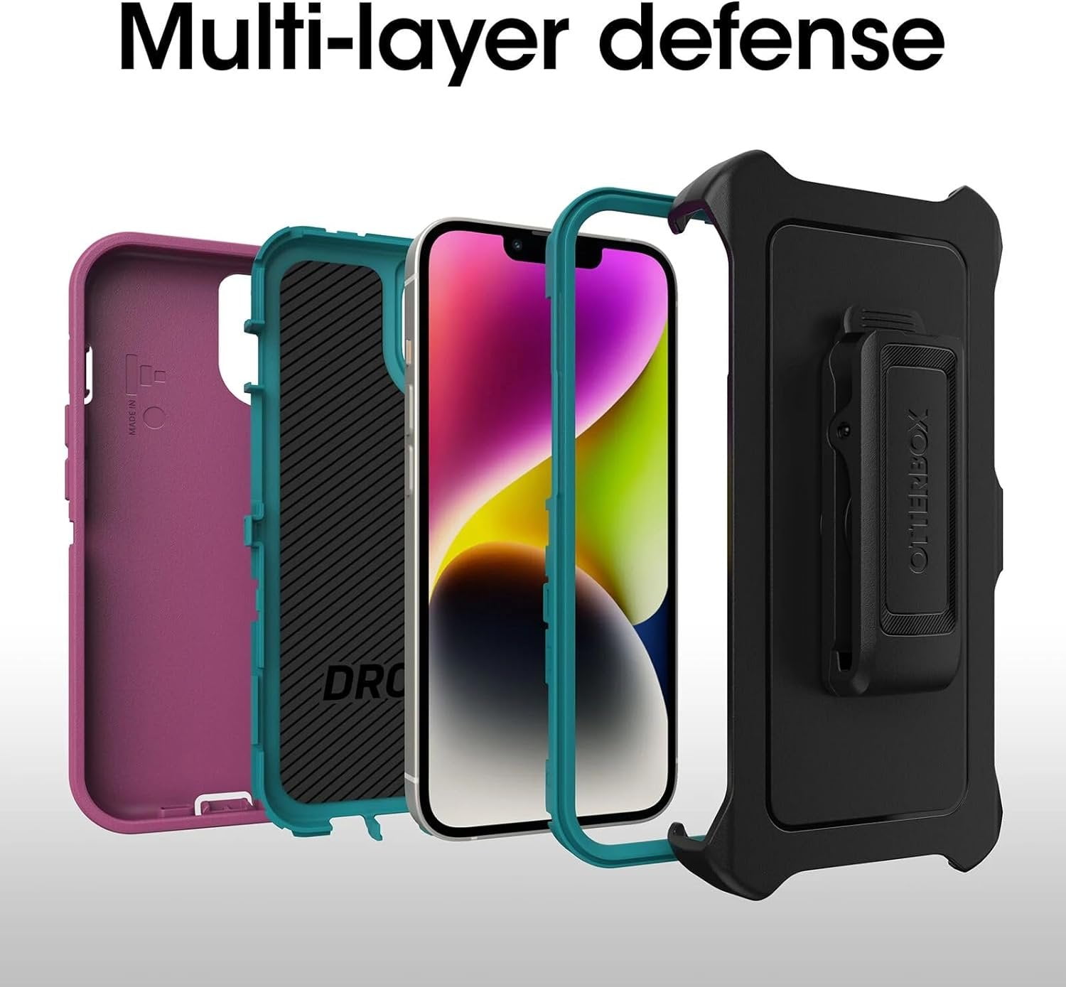 OtterBox Defender Series Rugged Holster Cell Phone Case for iPhone 14 and 13, Pink and Black