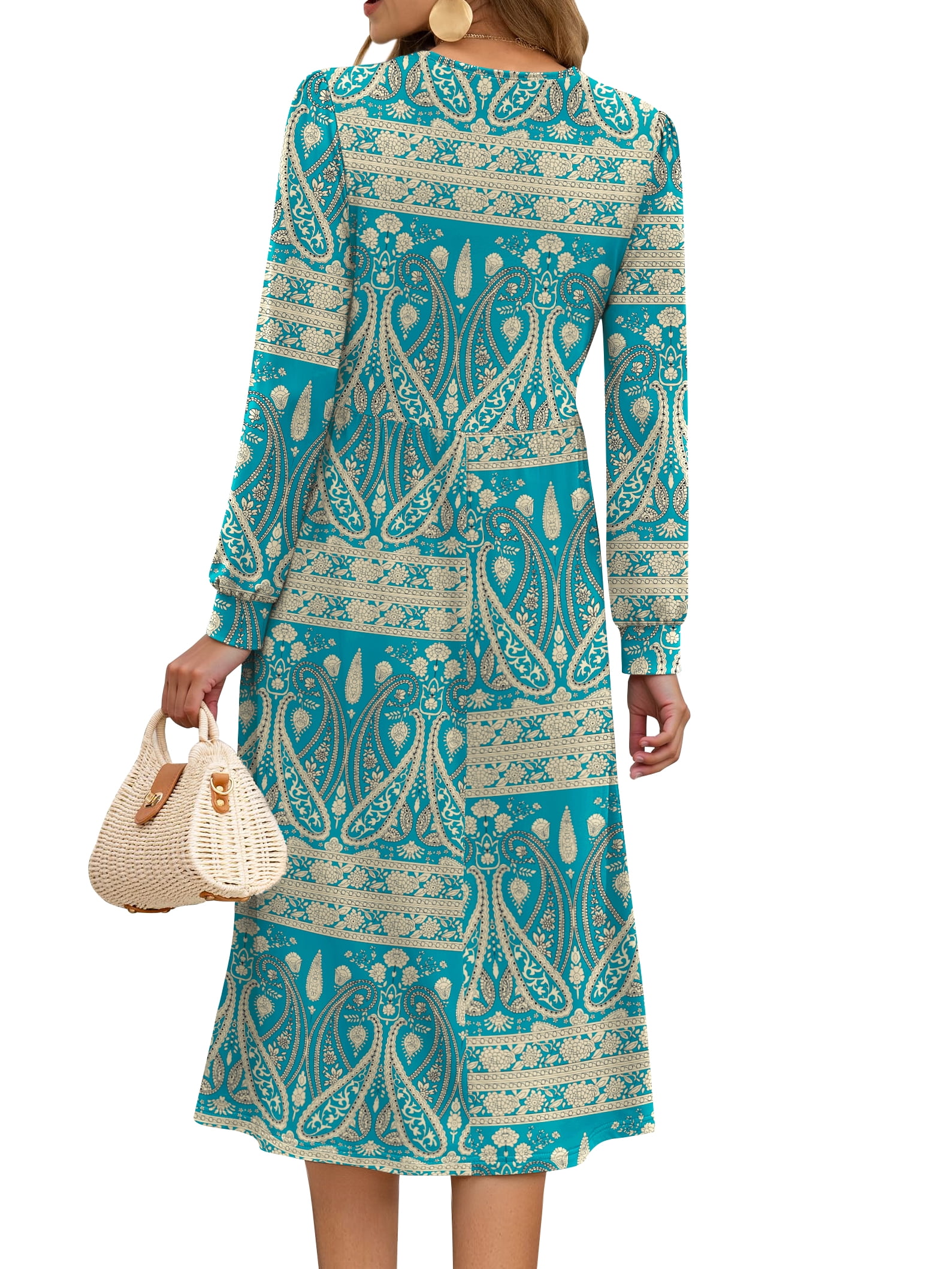 Fantaslook Long Sleeve Midi Dresses for Women Casual Floral Dress Flowy Fall Dresses with Pockets