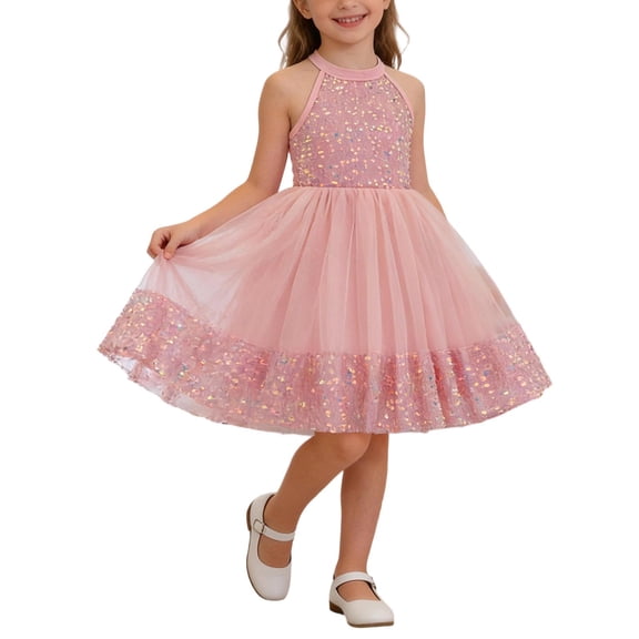 Girls Sequin Halter Tulle Tutu Dress Pink Kids Sparkle Flower Girl Birthday Pageant Party Formal Wear Sizes 3-8 Years,Size 6-7 T