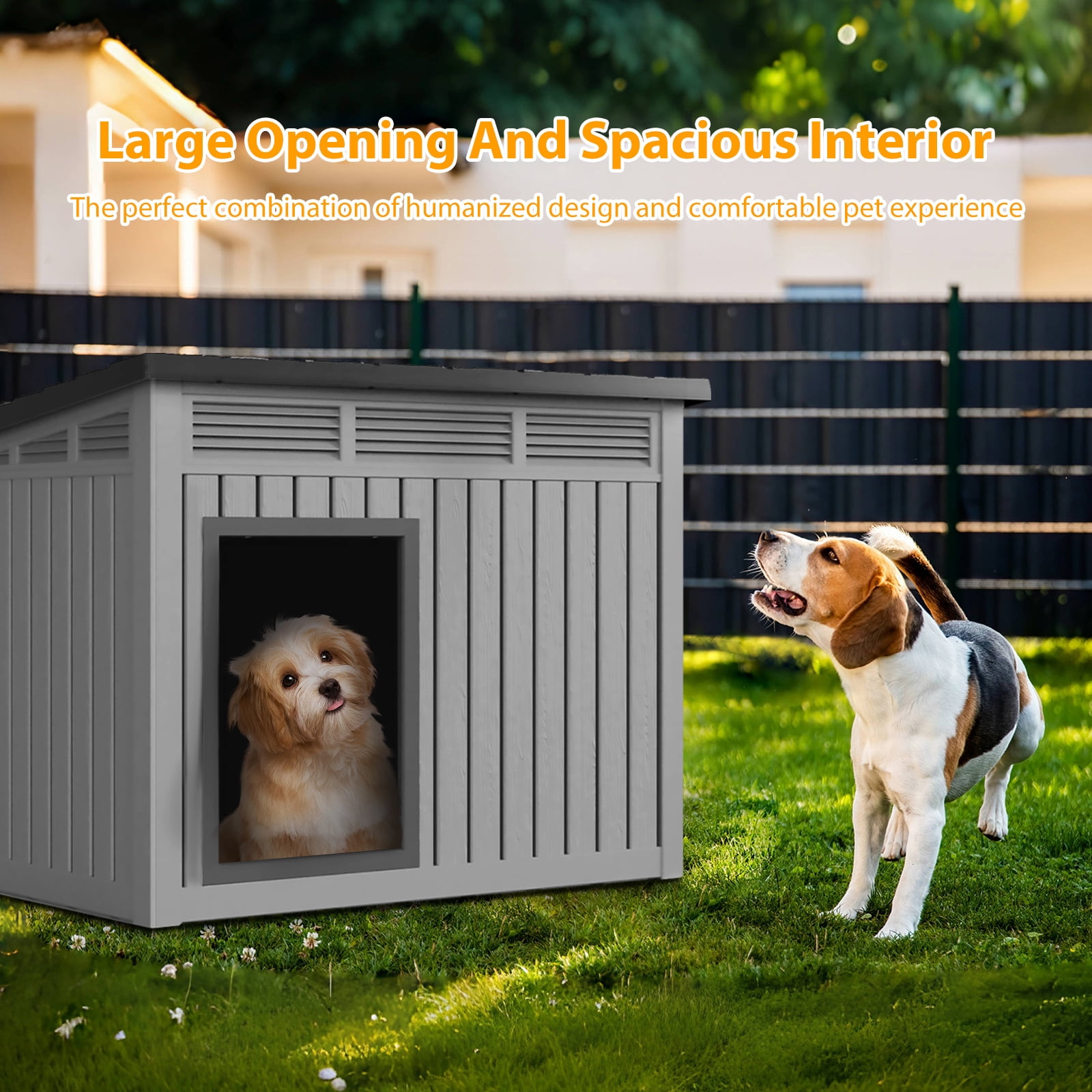 FOMIYES Weatherproof Dog House for Outdoor Indoor Pets - Large Plastic Pet House with Slanted Top Roof - Waterproof Shelter for Small Medium Dogs, 32.20x25.12x24.13in, Multi