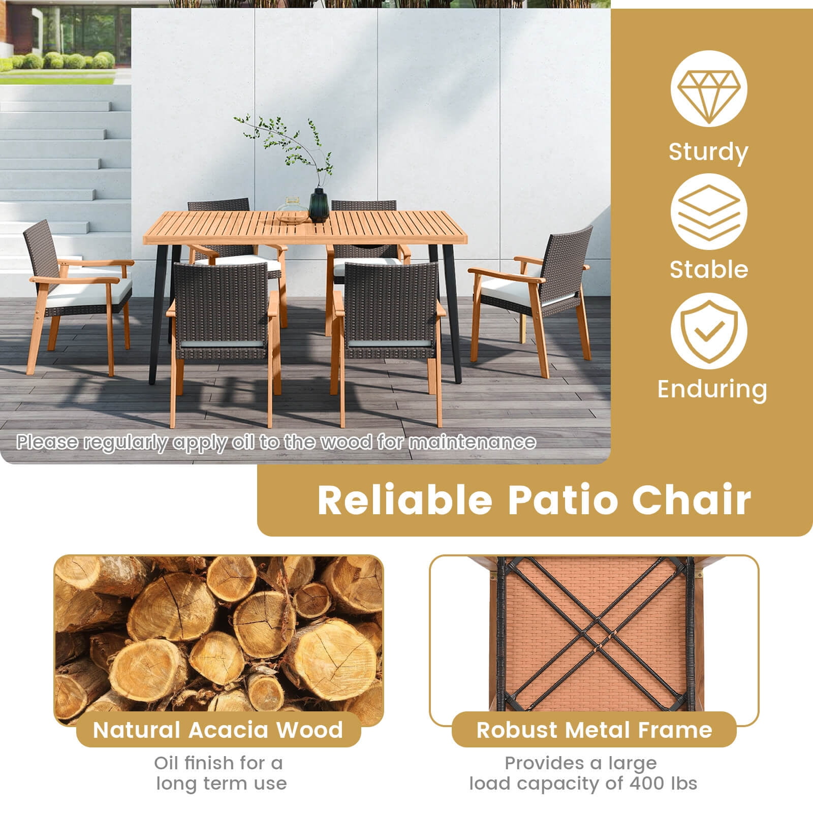 Costway Patio Dining Chair Set of 2 with Cushion Wood Armrests Metal Frame for Garden