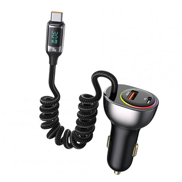 USB C 60W Super Fast Car Charger with Type C Coiled Cable 3-Port Cigarette Lighter USB Charger with Digital Display