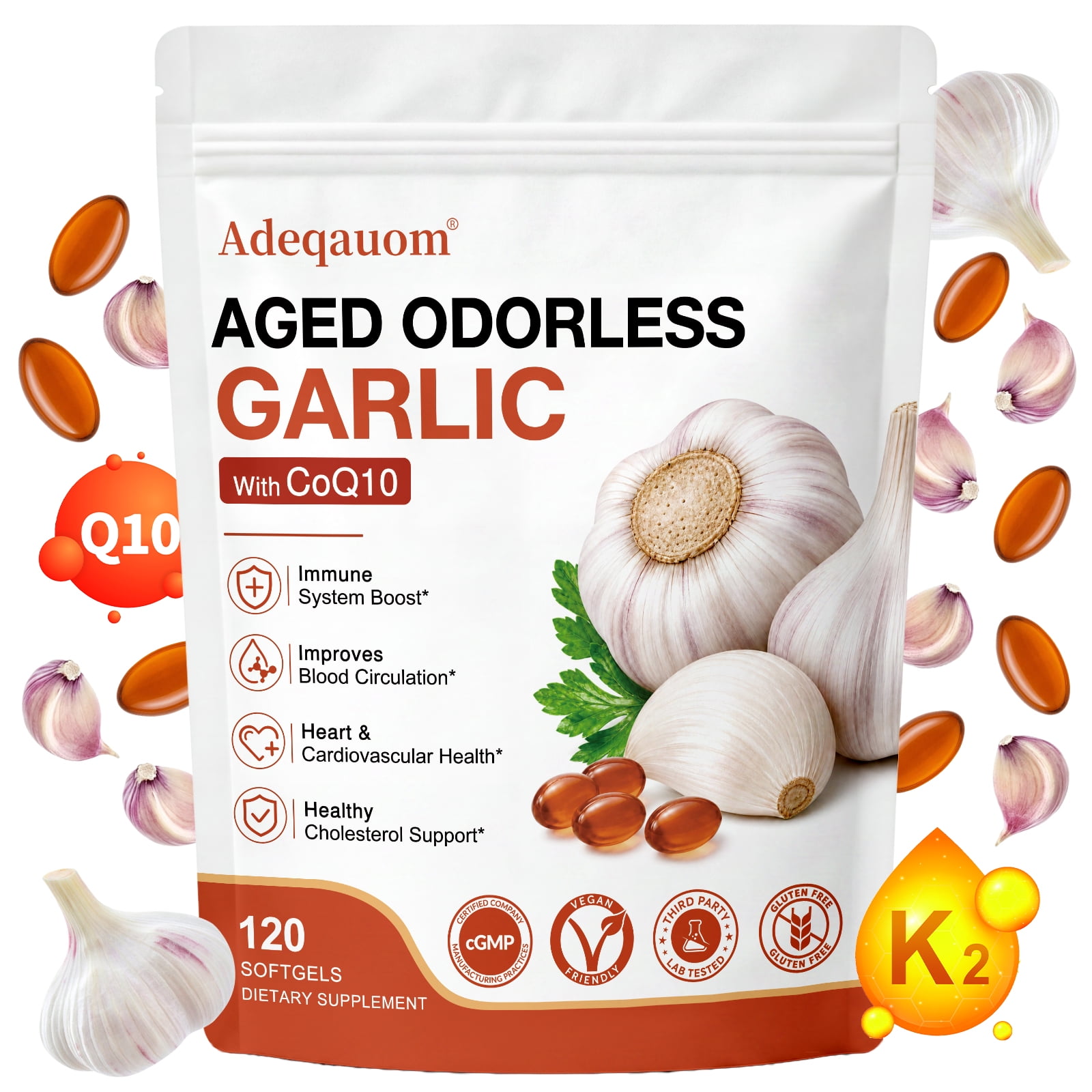 Adeqauom Aged Garlic Extract Capsules 1200mg, with CoQ10 Ubiquinol & Vitamin K2‑MK7, Odorless Garlic Supplement, 120 Softgels