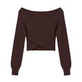 thumbnail image 3 of FRSASU Women's off the Shoulder Sweaters V-Neck Long Sleeve Slim Fit Ribbed Knit Fall Trendy Elegant Crop Tunic Pullover Tops Coffee, 3 of 6
